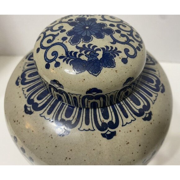 Vintage Cobalt Blue Gray Porcelain Ginger Jar Lid Phoenix Pattern 8" High - Picture 7 of 10